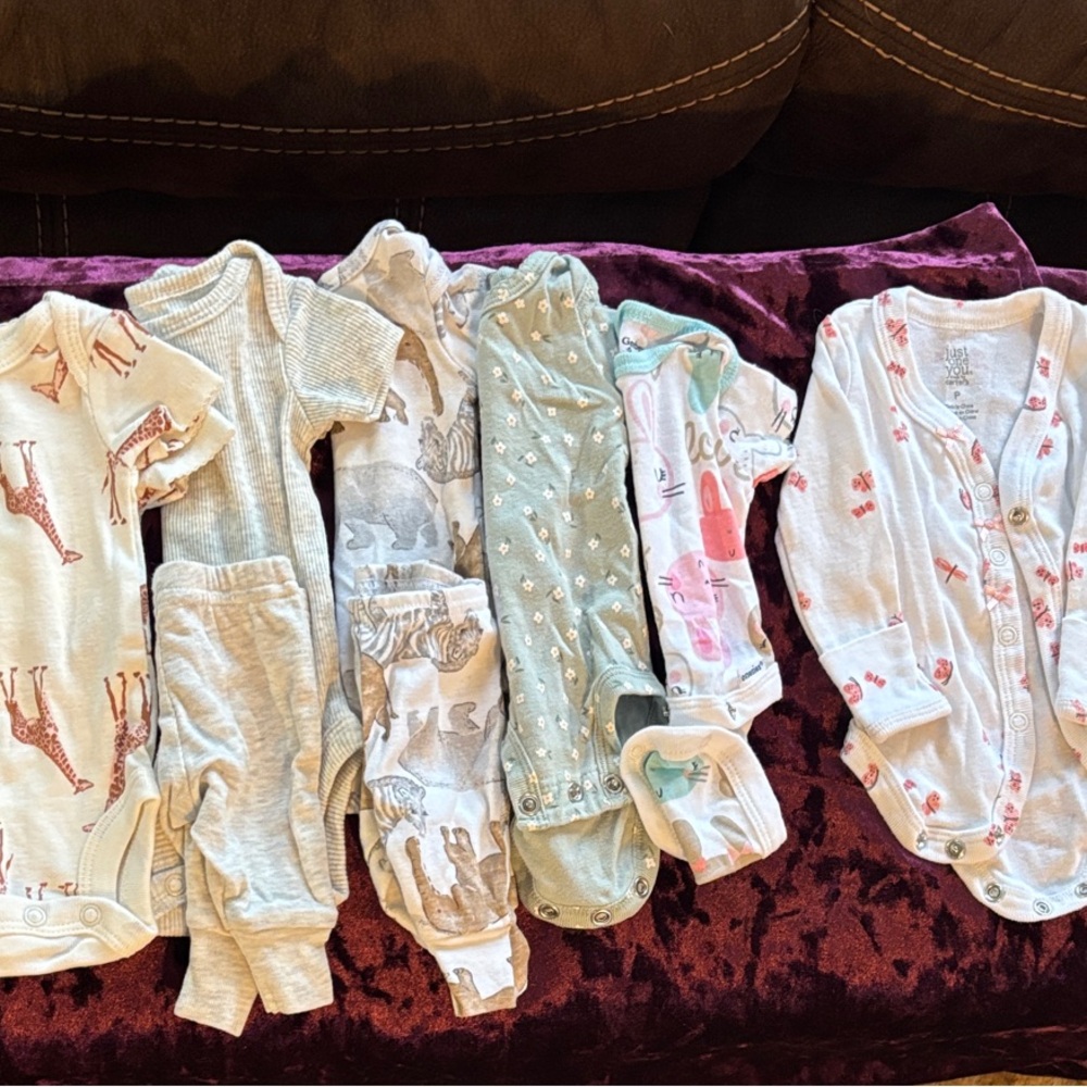 Lot of assorted premie items, onesies, pants and long sleeve button up